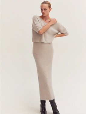Fuzzy Top & Midi Skirt Two Piece Set